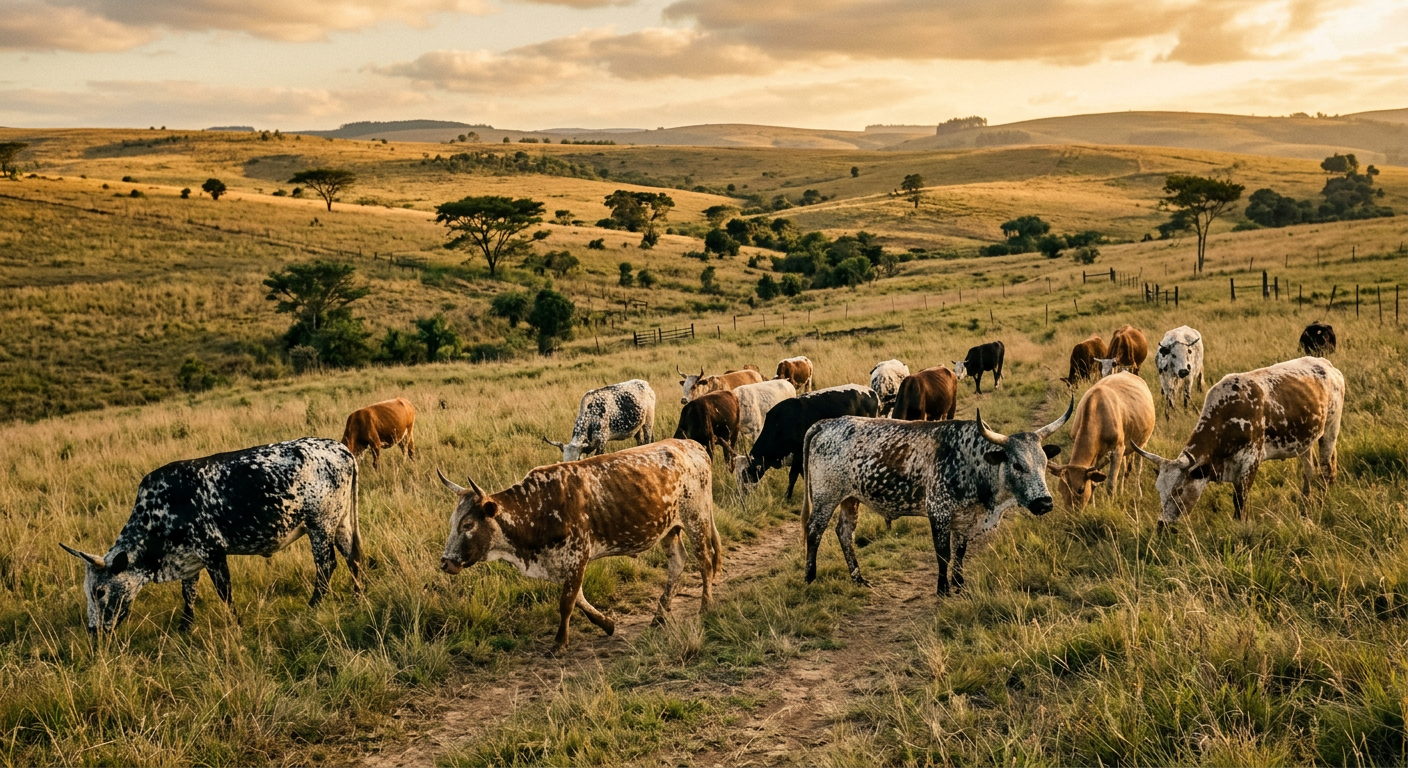 Nguni cattle grazing in a field
